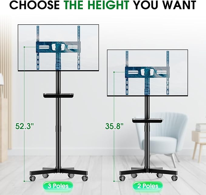 Mobile TV Cart Rolling TV Stand for 23-60 Inch LCD LED Flat Curved Screens up to 88 lbs, Height Adjustable Portable TV Stand on Wheels with Shelf, Outdoor TV Stand Mount, Max VESA 400x400mm, Black