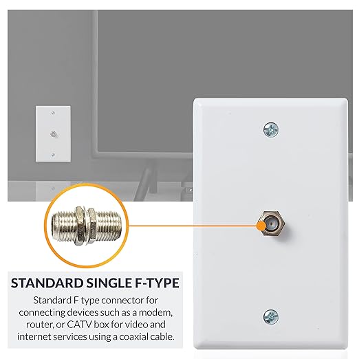 Newhouse Hardware 2.75 x 2.75 x 4.5 in. 1-Port TV Cable Wall Plate with F-Connector for Coaxial Cable, 5-Pack TVP-WH-01, Outlet Cover Wall Plate with Coax Cable Connector, Jack Plate for DIY or Refits