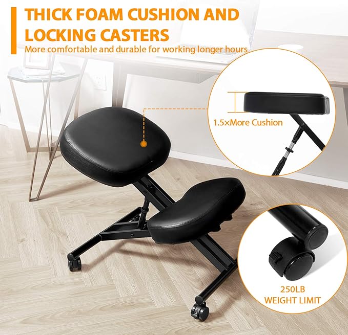Himimi Ergonomic Kneeling Chair for Office - Faux Leather - Thick Comfortable Moulded Foam Cushions - Brake Casters, Adjustable Stool for Home & Office