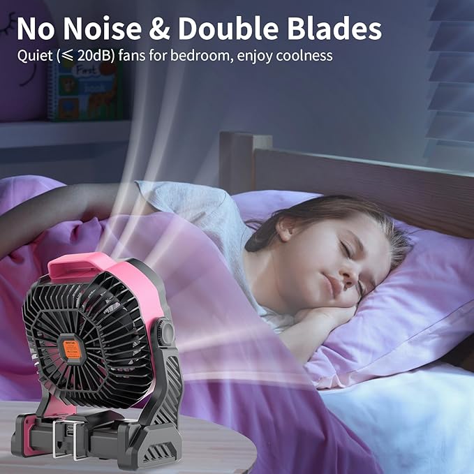 WESTTREE 20000mAh Battery powered fan Camping essentials,Portable fan Battery Operated Rechargeable Tent Fan with Light & Hook X26A Pink
