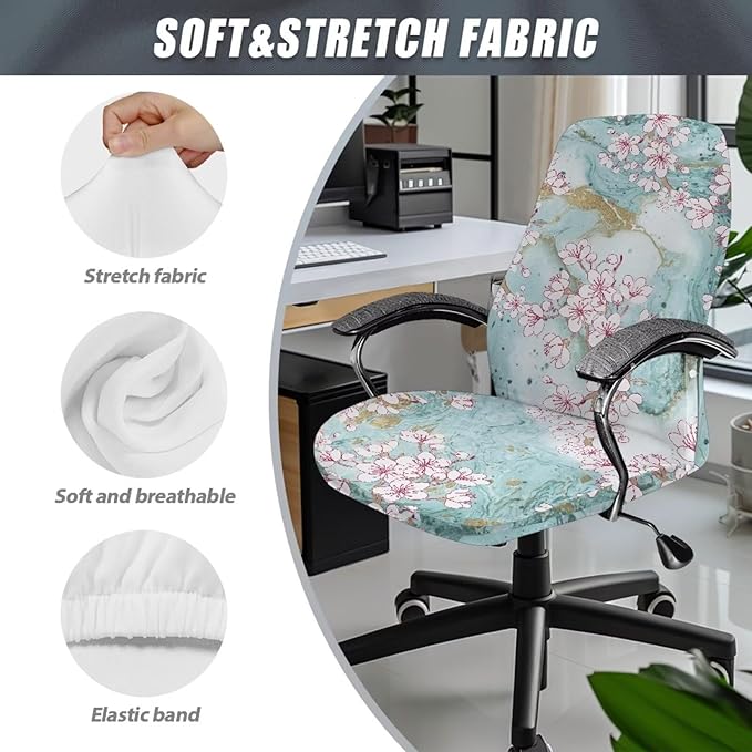 Talayituse Cherry Blossom Marble Print Office Chair Covers, Stretch Computer Chair Cover, Universal Boss Chair Covers Modern Simplism Style High Back Chair Slipcover, Small