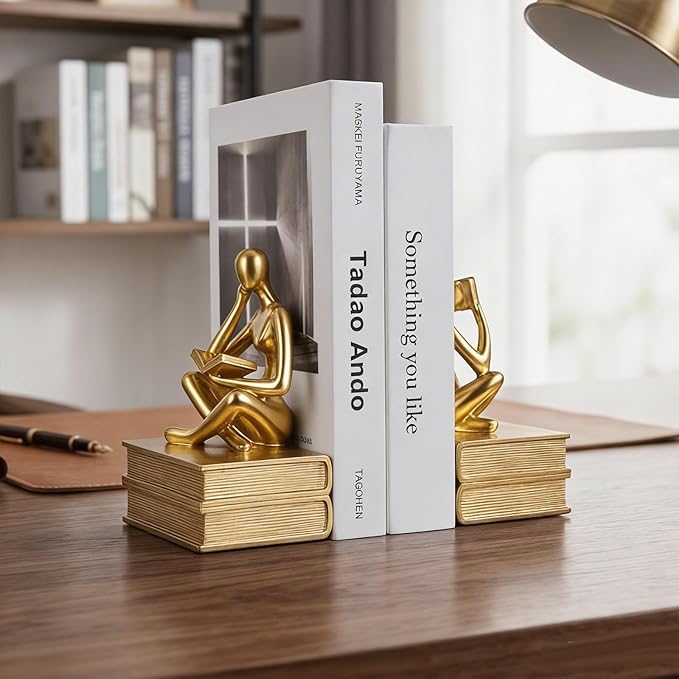 Heavy Duty Book Ends for Shelves, Thinker Bookends Set of 2 Decorative Book Ends for Heavy Books, Modern Unique Shelf Decor for Home Office Living Room Desk
