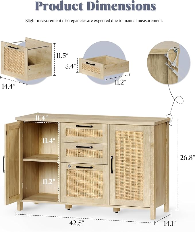 Lateral File Cabinets for Home Office, 3 Drawer and 2 Doors Filing Cabinet with Lock, Wide Rattan Filing Organization Cabinets with Printer Stand, Adjustable Storage Shelves/Hanging Bars, Natural Wood