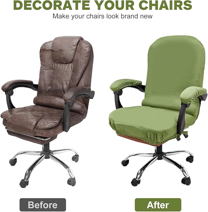 NeColorLife Stretchable Office Chair Cover with Armrest Covers - Thick Checked Jacquard High Back Desk Chair Slipcover for Rotating Chairs (Large Size,Green)
