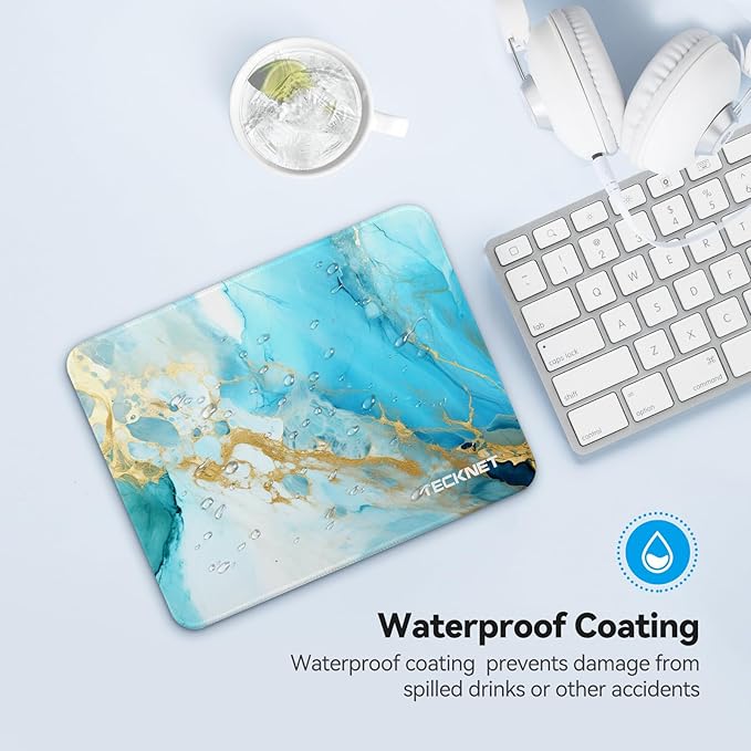TECKNET Mouse Pad with Anti-fray Stitching, Waterproof Surface & Non-Slip Rubber Base with Stitched Edges Gaming Mouse Mat for Laptop，Compatible with Laser and Optical Mice - Blue-Green Marble