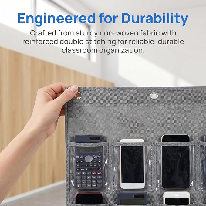 DOITOOL 24 Clear Pockets Classroom Pocket Chart for Cell Phones Calculator Holder Over The Door Hanging Closet Jewelry Organizer Clear Pocket Chart Organizer for Classroom Cellphone Storage