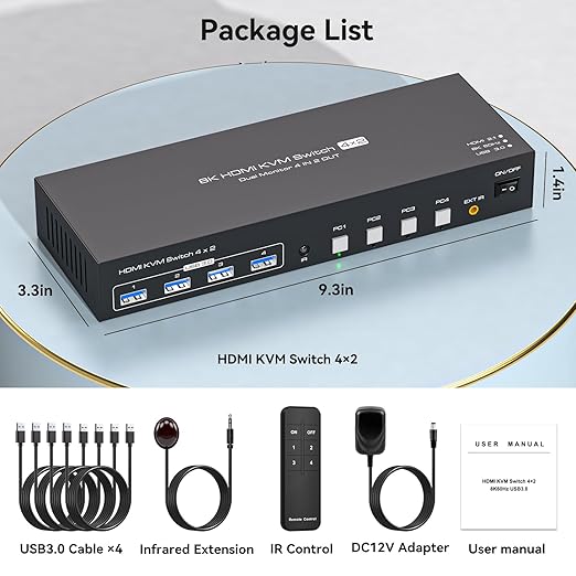 KVM Switch 4 Computers 2 Monitors HDMI 4K120Hz EDID Emulation 4 Port KVM Switch for 4 PCs to Share Dual Monitors and 4 USB 3.0 Peripherals Support for Copy/Extend Modes with Controller
