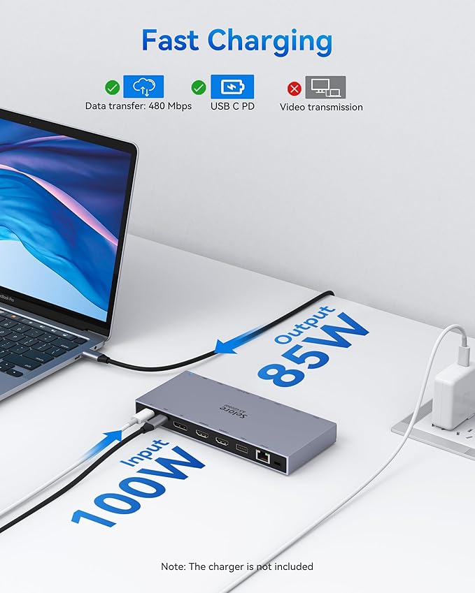 Selore Docking Station 3 Monitors, 15-in-1 USB-C Hub with 100W PD & 65W Power Adapter, Dual 4K HDMI, DisplayPort, 10Gbps USB-A/C, Gigabit Ethernet, SD/microSD Card Reader for Dell XPS/HP/Lenovo