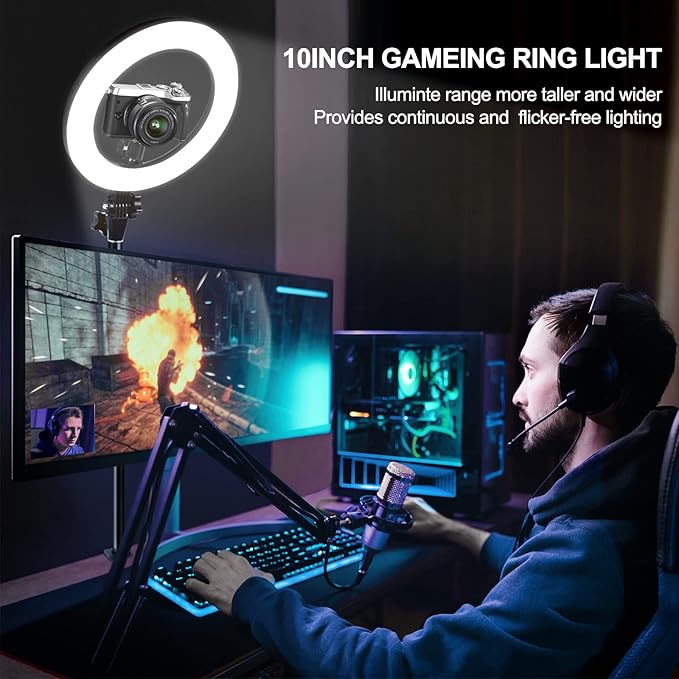 Ring Light for Computer Video Conferencing Recording/Zoom Meeting-10'' Desk Ring Light with Mount Stand,Stream Lights with 14.2-24 in Adjustable Clamp Stand & Phone Holder for Webcam/Camera