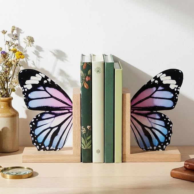 Decorative Butterfly Bookends Wooden Acrylic Butterflys Bookend Modern Bookshelf Decor Accent Book Stopper Decor for Home Farmhouse Shelves Office Lover Gift(Pale Blue Swallowtail Butterfly)