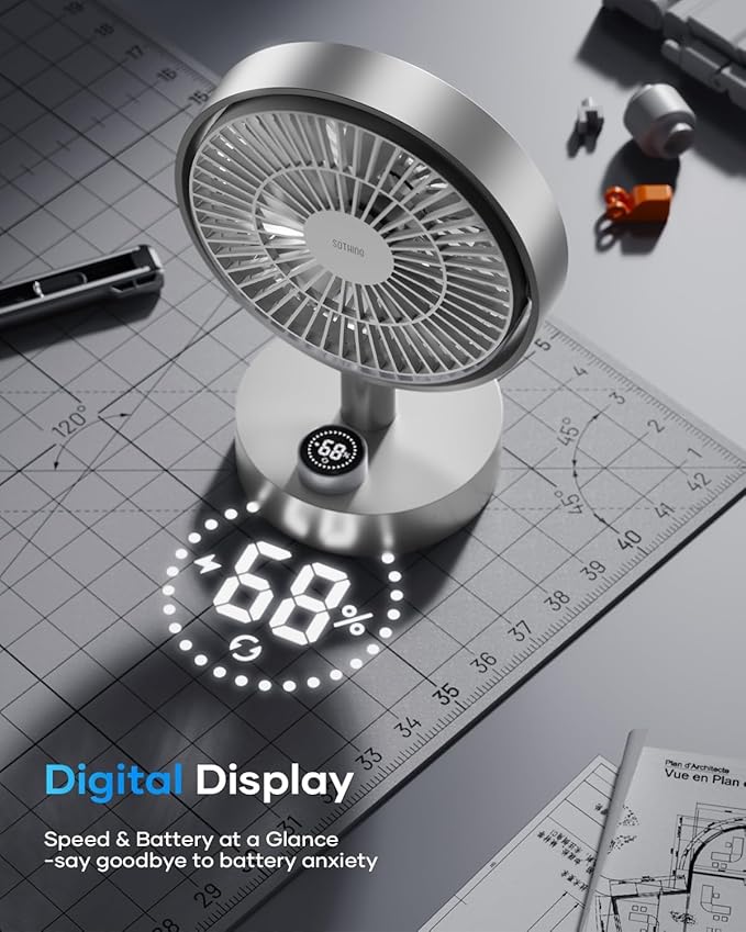 SOTHING Desk Fan, 18dB Ultra-Quiet, 6.6-inch Small Fan with 10-Speed, 160° Oscillating, 7hrs Battery Life, USB-C Rechargeable, Digital Display, Small Desk Fan for Bedroom, Dorm, Office