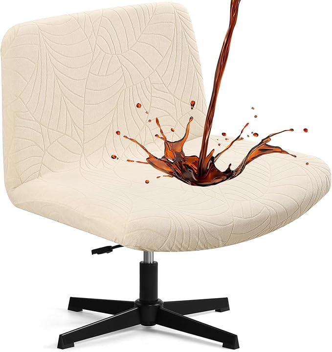 Fuloon Criss Cross Chair Cover, Waterproof, Stretchable, Solid Jacquard, Suited for Armless/Office/Desk/Mid Back Wide Seat/Computer/Task/Vanity/Accent Chair (Leaves -Shaped Jacquard, Beige)