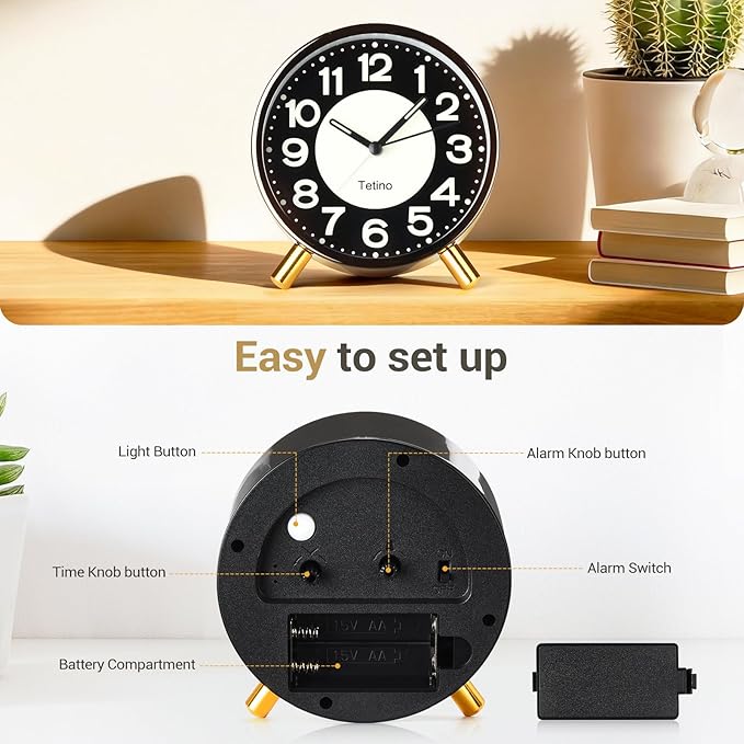 Tetino Analog Alarm Clock,Super Silent Non Ticking Small Clock with Night Light, Battery Operated, Simple Design, for Bedroom, Bedside, Desk, Adult, Kid, Gift，Ideal Decor (Light Luxury Gray)