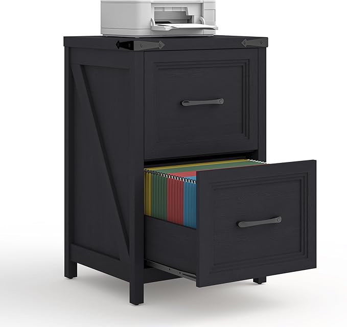 Vabches 2 Drawer Vertical File Cabinet, Wood Farmhouse Filing Cabinet Fits A4/Letter Size, Under Desk Small File Cabinets Printer Stand with Storage for Home Office, Black