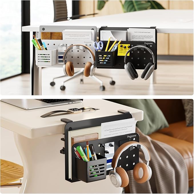 PEGZONE Desk Side Storage Organizer, No Drill Under Desk Laptop Holder, Clamp on Desks Shelf with Pegboard Accessories, Hanging Laptop Mount, Fits Flat Edge 0.4" to 2.2", Black