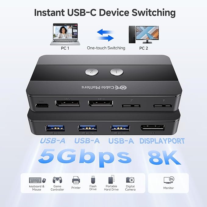 Cable Matters USB 3.0 KVM Switch DisplayPort 1.4 for 2 Computers with 8K@60Hz / 4K@240Hz Display Port Video & 3X 5Gbps USB Ports, FreeSync, G-SYNC and HDR Support - RF Remote Control Switch