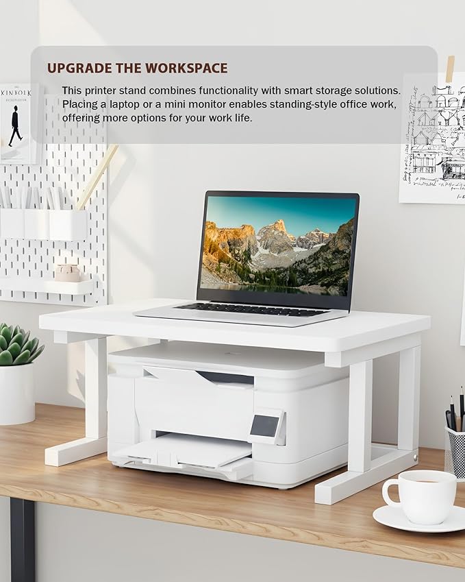 Desktop Printer Stand, 19.7″x 15.7″ 2-Tier Large Printer Shelf fit 3D Laser Printer/Scanner/Fax Machine, Industrial Storage Rack for Home Office Storage, White P5040-W