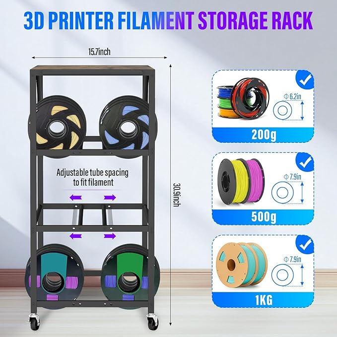 4-Tier 3D Printer Stand for Filament Storage,Heavy Duty 3D Printer Table Cart Holds 52 Spools,3D Printer Filament Rack with Wheels & Wood Top,3D Printers Cart for Workshop,Studio,Home Office (Brown)