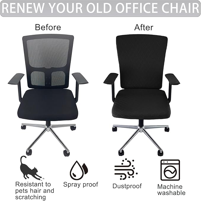 4 Pcs Office Chair Cover Set with 4 Extra Elastic Straps Universal Protective Office Chair Covers Stretchable Desk Chair Cover Office Armrest Cushion Backrest for Rotating Chair (Black)
