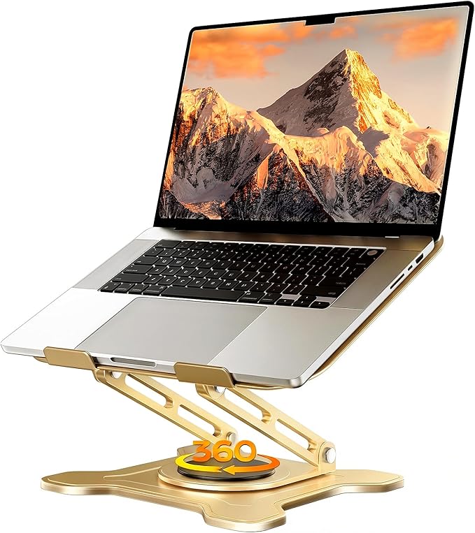 JCZT Adjustable Laptop Stand for Desk, 360° Rotating Base Ergonomic Computer Stand, Laptop Riser Foldable Protable for Office Home Fits Compatible with MacBook Pro/Air Notebook up to 10-16" Gold