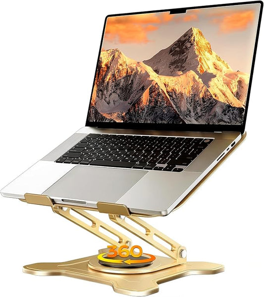 JCZT Adjustable Laptop Stand for Desk, 360° Rotating Base Ergonomic Computer Stand, Laptop Riser Foldable Protable for Office Home Fits Compatible with MacBook Pro/Air Notebook up to 10-16" Gold