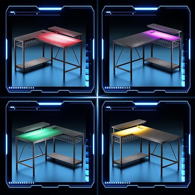 Bestier Gaming Desk with Power Outlets, 42" L-Shaped Computer Desk with LED Lights, Desk with Reversible Storage Shelves & Hooks for Small Spaces, Bedrooms & Offices, Black Carbon Fiber