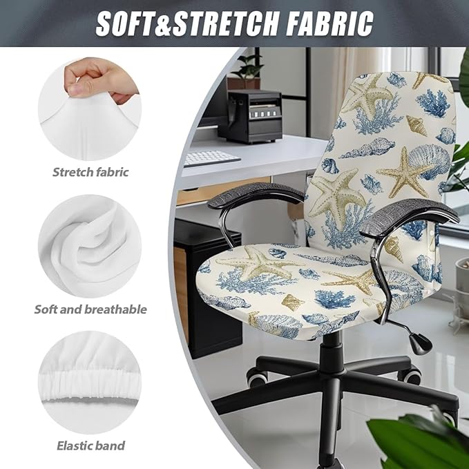 Talayituse Starfish Conch Coral Print Office Chair Covers, Stretch Computer Chair Cover, Universal Boss Chair Covers Modern Simplism Style High Back Chair Slipcover, Small