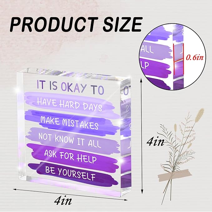 Mental Health “It Is Okay To...” Desk Sign - 4x4 Inch Purple Acrylic Affirmation Decor for Women, Therapy Office Decor, Self-Compassion Gifts, Anxiety Relief & Positive Workspace Accessories