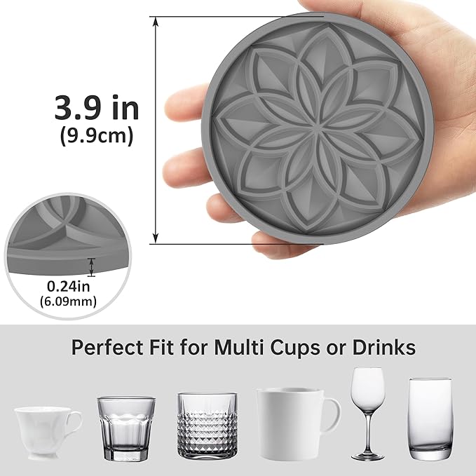 HFHOME Silicone Coasters Set for Drinks - 6 Pack With Holder, Table Cup Mat for Coffee Table, Desk, Bar - Home Decor Tabletop Protection Gift - Gray