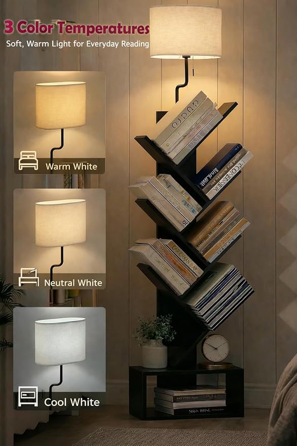 XBurmo 6 Tier Tree Bookshelf with Lights - Small Bookshelf Decor, Corner Bookshelf with Lamps, Living Room Storage, Tall Narrow DVD & CD Shelf, Comic Bookcases Standing for Bedroom or Office, Black