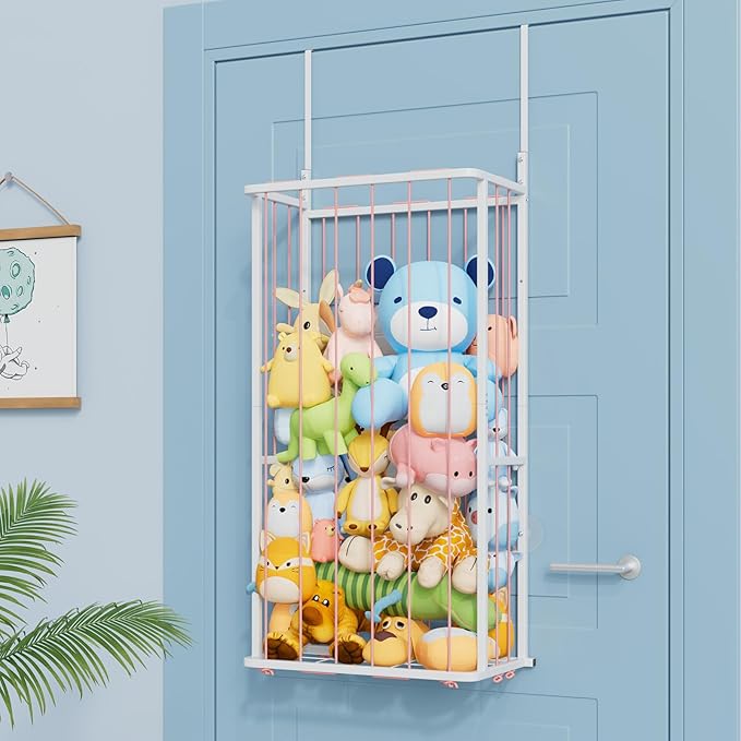 SWTYMIKI Hanging Stuffed Animal Storage - Over Door Large Plush Toy Organizer, Wall Mounted or Corner Stuffie Storage for Nursery, Doll & Bear Plush Organizer for Kid Room Bedroom (Pink, 2-Tier)