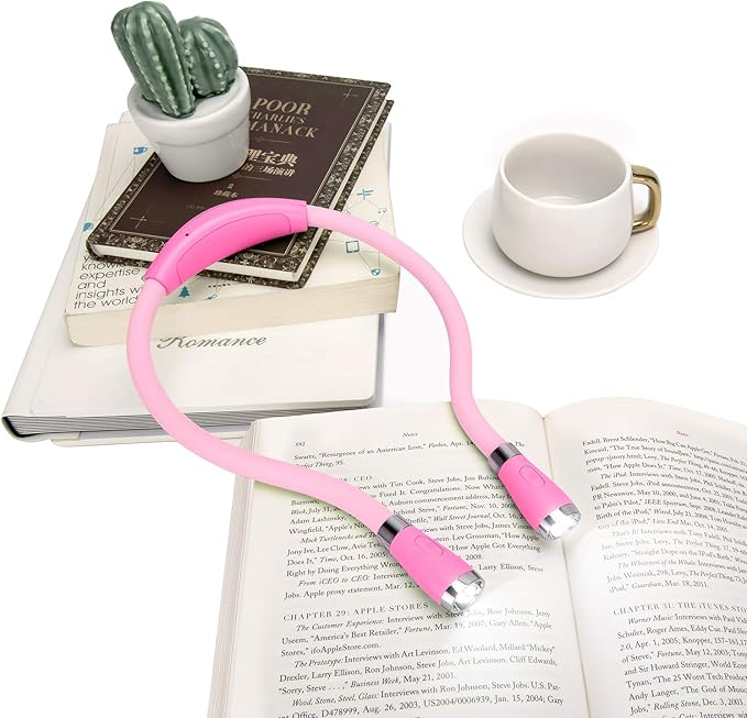 LED Neck Book Light, USB-C Rechargeable, Hands Free, 4 Super Bright LED Bulbs, 3 Adjustable Brightness, Best for Reading in Bed, Knitting, Walking, Jogging, Mending in Night (Pink)