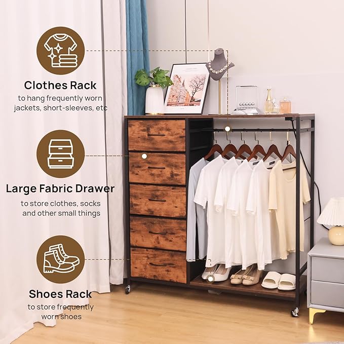 5 Drawer Fabric Dresser with Clothes/Hanging Rail/Rack Chest of Drawers with Charging Station Wardrobe/Closet Dresser for Bedroom, Brown
