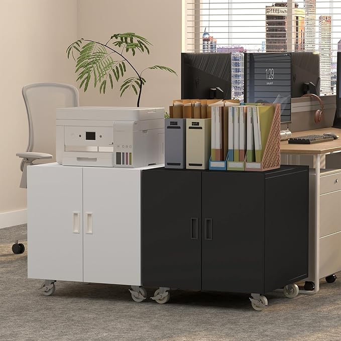 Metal Printer Stand, Rolling Table for Printers, Large Printers Table with Storage, Office Printer Stand for Copier, Fax, Heavy Duty Stands with Shelf for School, Workplace, White