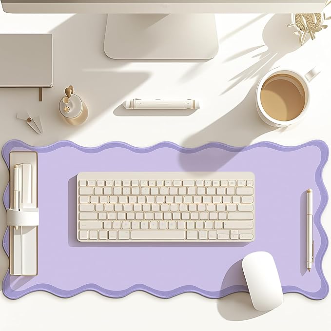 Hahafelt Scalloped Desk Mat Large Scalloped Piping Cute Desk Mat Aesthetic Preppy Table Pad Large Nonslip Pad with Edge Stitching Waterproof Gaming(Purple,23.6 x 13.8 Inches)