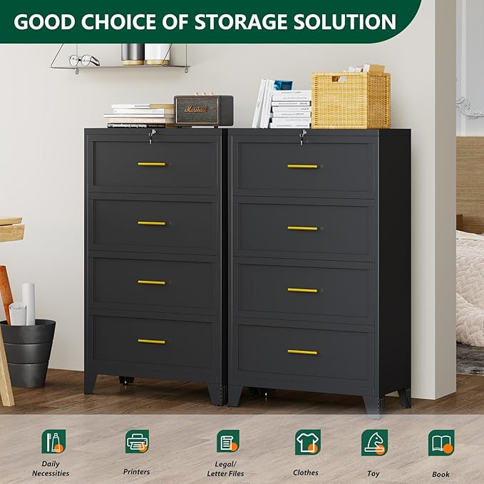 winiowa 4 Drawer File Cabinet, Metal Lateral File Cabinet with Lock, Locking Filing Cabinets for Home Office,Wide Office Storage Cabinet for Hanging Files Letter/Legal/F4/A4 Size (Black, 4-Drawer)