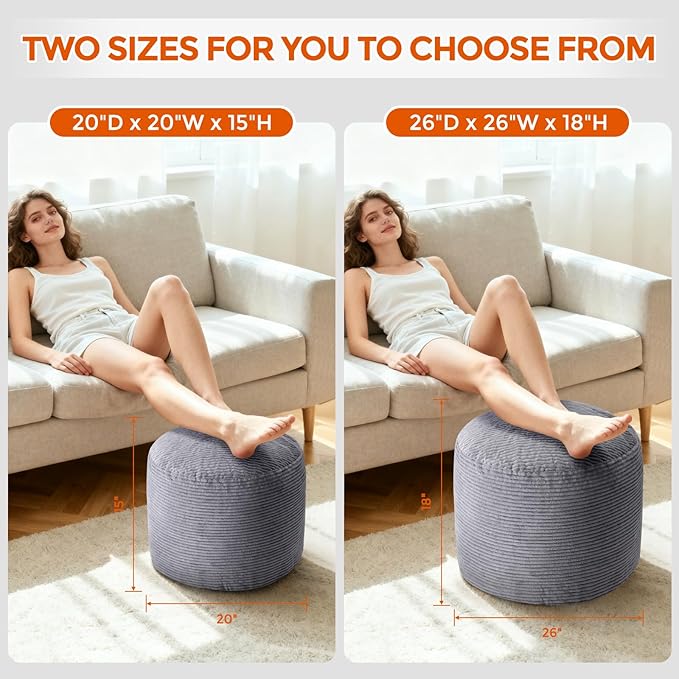 26" x 26" x 18" Pouf Ottoman Foot Rest, Pre-Stuffed Round Foot Stool with Odorless Shredded Memory Foam, Furry & Fluffy Corduroy Footrest for Living Room, Dark Grey