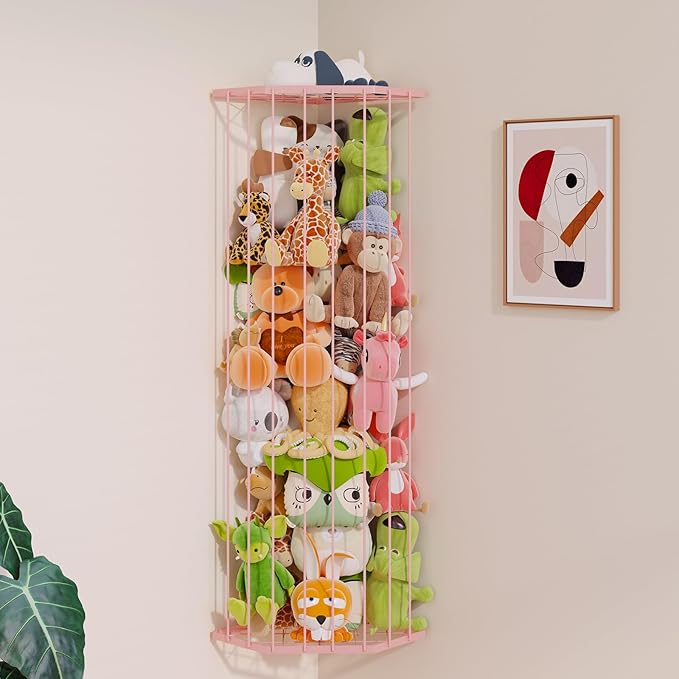 BBLlKE Stuffed Animal Storage Zoo - Corner Plush Toy Organizer Length Adjustable, Wall Hanging Stuffed Animal Net Holder for Nursery Playroom Bedroom Kids Room, Pink