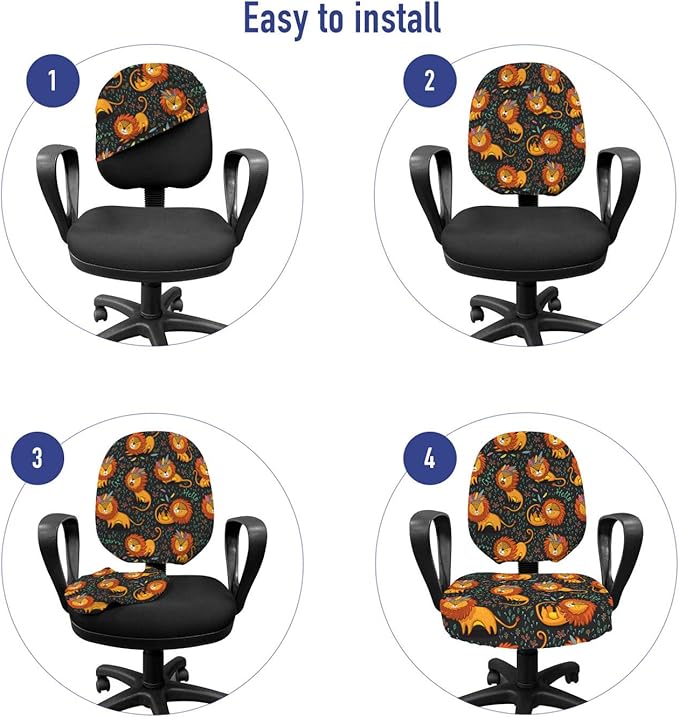 Ambesonne Cartoon Office Chair Slipcover, Lions Illustrations in Tribal Theme Feathers and Floral Strokes King of The Jungle, Protective Stretch Decorative Fabric Cover, Standard Size, Orange Black