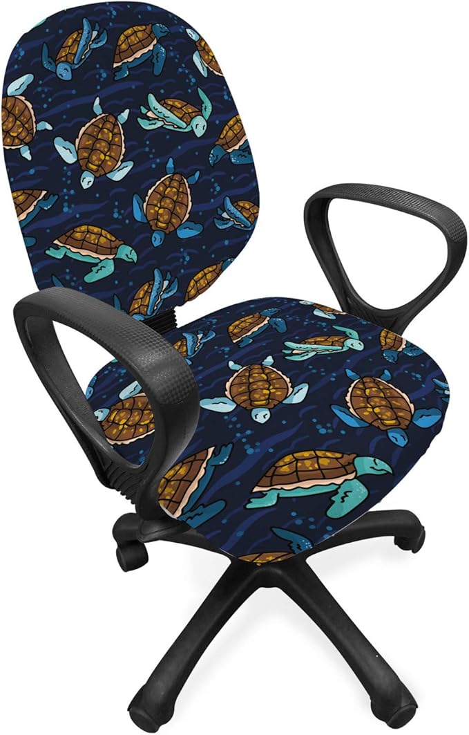 Ambesonne Under The Sea Office Chair Slipcover, Graphical Layout of Sea Turtles Cartoon Ocean Lifestyle, Protective Stretch Decorative Fabric Cover, Standard Size, Navy Brown