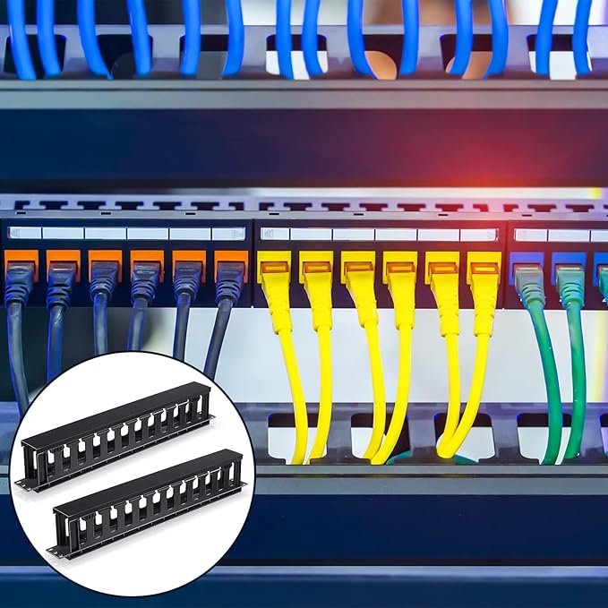 Leinuosen 8 Pcs 1U Rack Cable Management Sleeves Horizontal Mount Cable 12 Slot Management Clips Rack with Panel Cover 19 Inch for Wall Shelf Mount