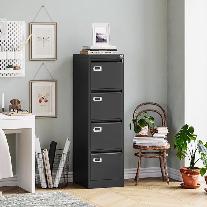 MIIIKO 4 Drawer Filing Cabinets with Lock, Metal File Cabinet with 4 Drawers, Home Office File Folders Cabinet for Letter Legal A4 File Size