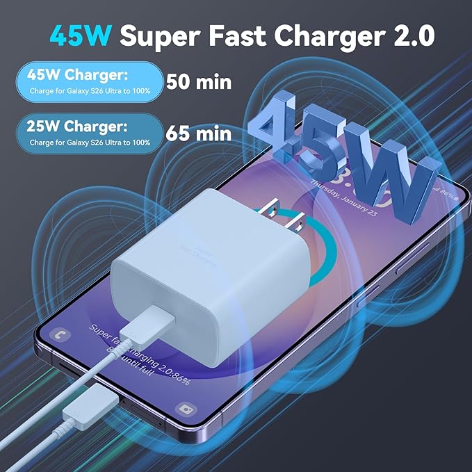 45W Super Fast Charger USB C Android Phone Type C Charger Fast Charging Block with 6.6FT Cord for Samsung Galaxy S26/S26 Ultra/S26+/S25 Ultra/S25/S24 Ultra/S24/S23 Ultra/S22/S21/S20/Note 10, Blue