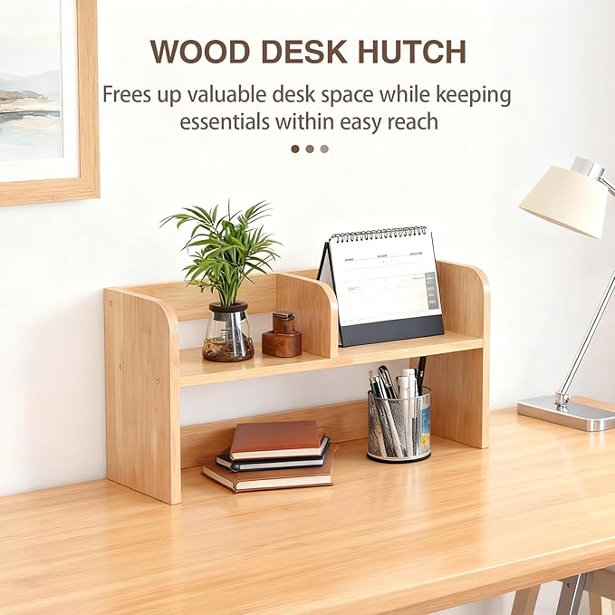 Wood Desk Hutch, Desktop Shelf Organizer with 2-Tier Multipurpose Desk Organizer for Top of Writing Desk, Wooden Book Shelf for Dorm & Office, Natural