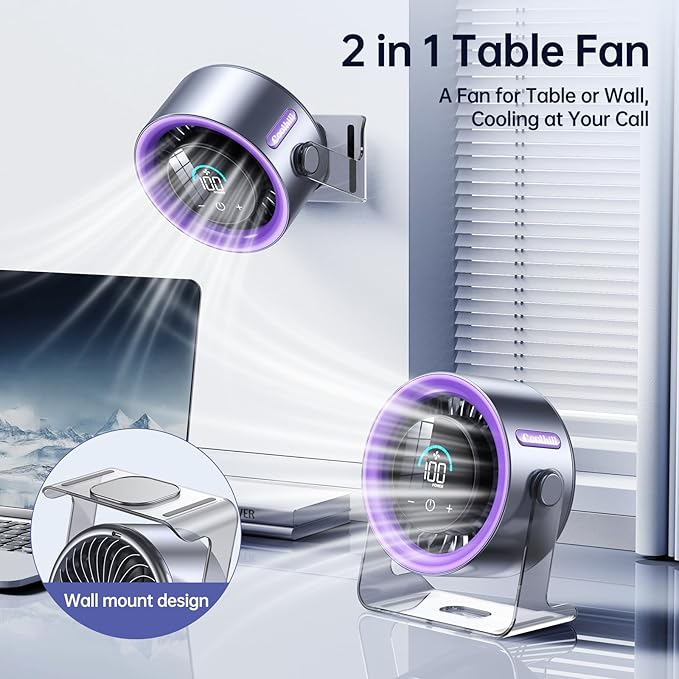 USB Desk Fan for Bedroom: 100 Speeds Digital Display Quiet Table Fan with Turbo Airflow, 120° Rotating Small Rechargeable Battery Desktop Fans for Bedroom Home Office (Purple)