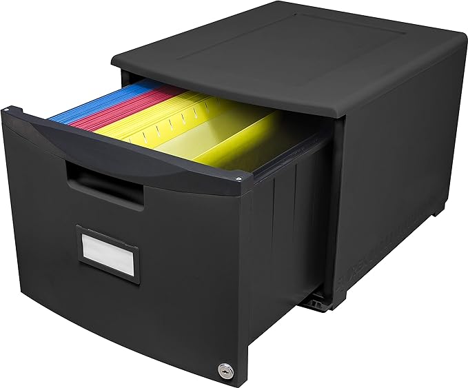 Storex Plastic One-Drawer File Cabinet – Locking Document Organizer for Home and Office, Black, 2-Pack (61265A02C)