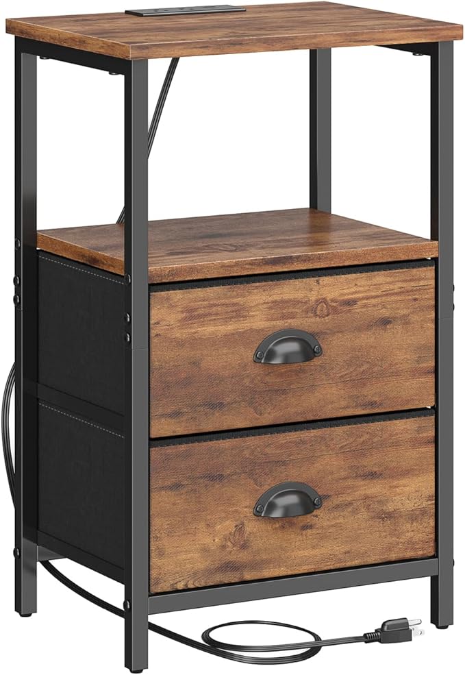 sthmec Nightstand with Charging Station, Night Stand with 2 Fabric Drawers, Bedside Table End Table with LED Light, 3-Tier Storage Side Table Nightstand with Drawers for Bedroom,Rustic Brown