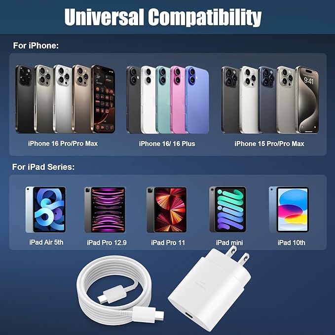 iPhone 16 15 17 Pro Max Charger 30W Type C Chargers USB C Fast Charger Block iPhone 16 Chargers Fast Charging with 8FT C Charging Cable for iPhone 17/17 Pro Max/16/16 Pro Max/15/15 Pro/iPad/Samsung