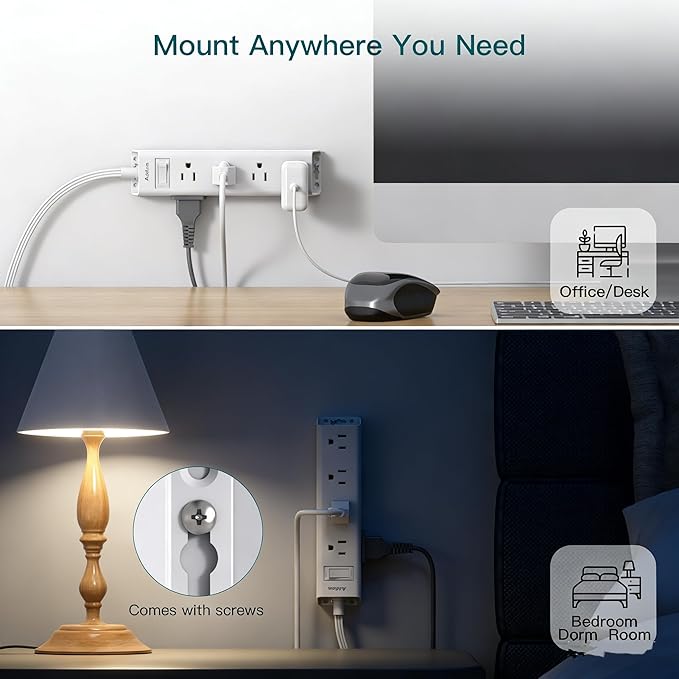 Addtam Flat Plug Extension Cord 15FT, Power Strip Surge Protector with 12 Outlets 3-Side Wide Spaced Outlet Extender, Wall Mount Desk Charging Station for Home Office Garage Dorm Room, White