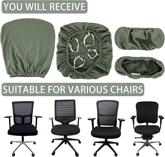 4 Pcs Office Chair Cover Set with 4 Extra Elastic Straps Universal Protective Office Chair Covers Stretchable Desk Chair Cover Office Armrest Cushion Backrest for Rotating Chair (Green)